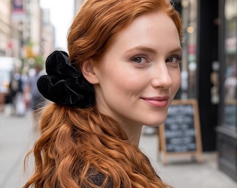 May include: A black velvet hair scrunchie worn in long, wavy, ginger-colored hair. The fabric of the scrunchie is gathered and textured, creating a soft, rounded appearance around the hair gathered at the side of the head.