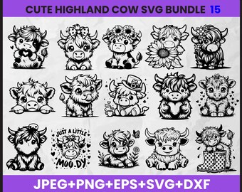 Paquete de imágenes prediseñadas SVG de vaca de las Tierras Altas (descarga digital, 15 archivos)