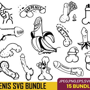 Peut inclure: Un ensemble d'illustrations numériques en noir et blanc représentant diverses représentations stylisées de pénis. Les motifs comprennent un pénis en forme de banane, un pénis avec un chapeau de marin et un pénis avec des lunettes de soleil. Le texte "HAP-PENIS" est inclus. Le texte "PENIS SVG BUNDLE" est également inclus.