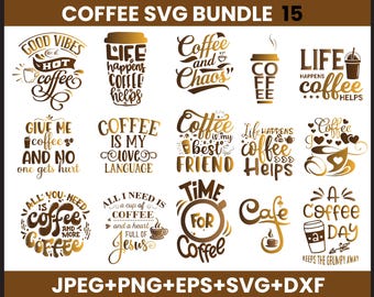 Könnte beinhalten: Eine Sammlung brauner und goldfarbener Kaffee-SVG-Designs mit verschiedenen Zitaten und Phrasen. Die Designs enthalten Texte wie "Good Vibes & Hot Coffee", "Coffee is my love language" und "Time for Coffee". Das Bild enthält auch Informationen zum Dateityp.