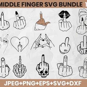 Op de afbeelding: Een verzameling van 15 zwart-wit illustraties van de middelvinger in verschillende stijlen. De ontwerpen omvatten handgebaren, een hartvorm en een schedel. De tekst "MIDDLE FINGER SVG BUNDLE 15" en bestandsinfo staan bovenaan en onderaan.