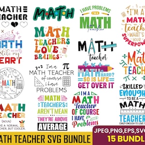 Puede incluir: Una colección de 15 diseños SVG coloridos con citas y gráficos temáticos de matemáticas, perfectos para profesores de matemáticas. Los diseños incluyen frases como "Math Teacher". El paquete incluye varios formatos de archivo.