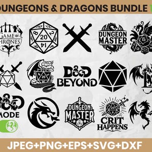 May include: A selection of black and white Dungeons & Dragons themed graphics. The designs include dice, swords, dragons, and text such as "Dungeon Master" and "Crit Happens". The image also includes the text "Dungeons & Dragons Bundle 15".