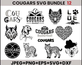 May include: A collection of black and white Cougar-themed SVG designs. Includes various illustrations of cougars, text, and sports-related graphics such as a baseball and basketball. The designs are available in JPEG, PNG, EPS, SVG, and DXF formats.