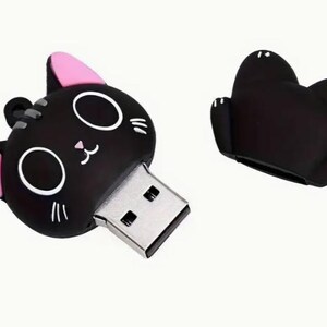 May include: A black USB flash drive shaped like a cat with pink ears. The cat's face has large white-rimmed eyes, whiskers, and a small pink nose. The USB drive's cap is also black and cat-shaped.