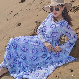 Ocean Breeze Tie Dye Maxi Dress – Boho Swirl Beach Dress, Flowy Summer Resort Wear, Coastal Chic Tiered Long Dress for Women