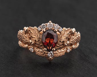 14K Rose Gold Oak Leaf Ring Set, Pear Garnet, Moissanite Accents