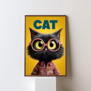 CAT Poster | Black Cat with Pink Glasses Wall Art | Funny Black Cat | Funny Cat Design Illustration | Cat Decor | Cat Fan Gift