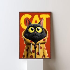 CAT Poster | Black Cat in Yellow Sweatshirt Wall Art | Funny Black Cat | Funny Cat Design Illustration | Cat Decor | Cat Fan Gift