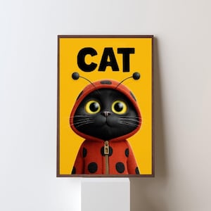 CAT Poster | Black Cat in Ladybug Outfit Wall Art | Funny Black Cat | Funny Cat Poster | Cat Decor | Cat Fan Gift