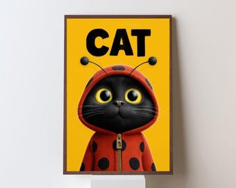 CAT Poster | Black Cat in Ladybug Outfit Wall Art | Funny Black Cat | Funny Cat Poster | Cat Decor | Cat Fan Gift