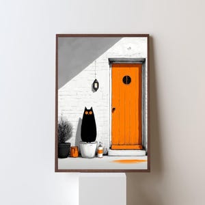 Peut inclure: Impression artistique encadrée représentant un chat noir aux yeux oranges devant une porte orange. Le fond est un mur de briques blanches avec une ombre. Une petite plante et d'autres objets sont également présents. Style minimaliste.