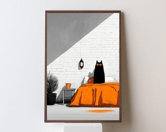 Black cat on bed poster | Cat wall art | Cat poster | Wall decor | Funny cat print | Cat decor for bedroom, living room, or office