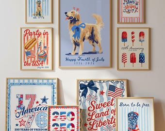 Juego de 10 láminas imprimibles para pared del 4 de julio, 250 aniversario (1776-2026), descarga digital patriótica, decoración vintage americana para el Día de la Independencia.