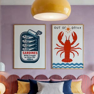 Lobster and Sardines Print Set: Coastal Kitchen Wall Art (Digital Download)