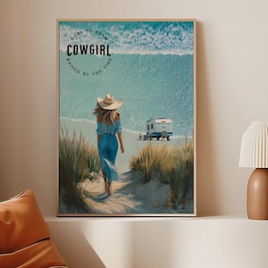 Coastal Cowgirl Wall Art – Printable Beach Poster | Western Blue Digital Download | Preppy Girls Room Decor | Summer Aesthetic Art