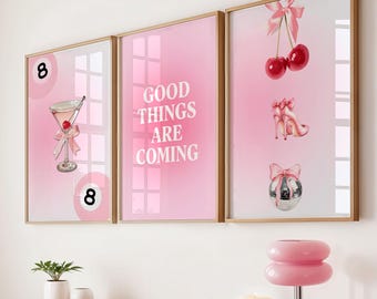 Pink Coquette Wall Art Set, Three Piece Wall Art, Light Pink Trendy, Print for Teen girl bedroom, Pink Bows Print Feeling Lucky 8 Ball Print