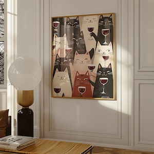 Dekoracja wózka barowego, plakat z kotem, nadruk z winem, wystrój kuchni retro, wystrój w stylu Mid Century Modern, modna sztuka ścienna, nadruk Cheers, nadruk do jadalni