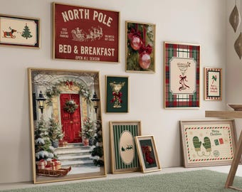 Set navideño vintage y colorido de 10 láminas navideñas modernas. Pack de láminas navideñas originales y divertidas. Set de arte mural navideño divertido. Decoración navideña adorable.