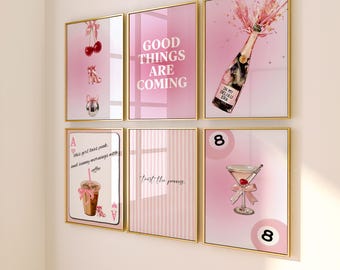 Pink Dorm Room Prints Set of 6, Light Pink Trendy Wall Art, Girly College Apartment Posters, Feeling Lucky 8 Ball Print, How Lucky are we