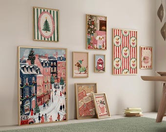 Vintage Weihnachtsgalerie-Set mit 9 Drucken, Retro-Urlaubswandkunst, nostalgische festliche Plakate für klassische Weihnachtsdekoration, herunterladbarer Druck