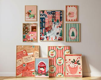 Wunderliches buntes Weihnachtsset mit 9 trendigen Feiertagsdrucken, Vintage-Weihnachtsdruckbündel, lustiges Weihnachtswand-Kunstset Helles Weihnachtsdekor