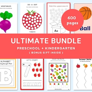 May include: A collection of educational preschool and kindergarten activity pages. The pages feature colorful illustrations of vegetables, a tomato, a basketball, and counting exercises. The bundle includes 600 pages and is designed for early learning.