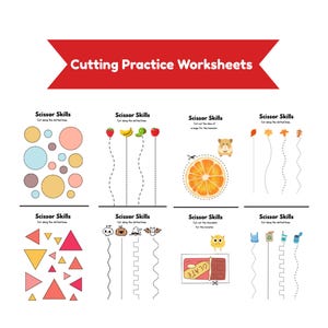 May include: A white worksheet with the text "Cutting Practice Worksheets" in a red banner. The worksheet features various scissor skills exercises, including cutting along dotted lines and shapes, and cutting out images of fruits, animals, and objects.