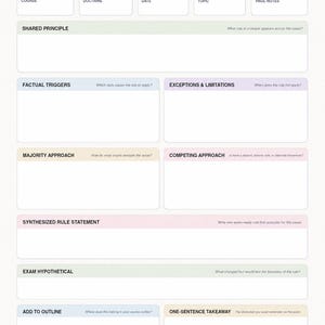 May include: A white law school case synthesis and rule builder worksheet with black text. Sections include course, doctrine, date, topic, page notes, shared principle, factual triggers, exceptions, majority approach, competing approach, and rule statement.