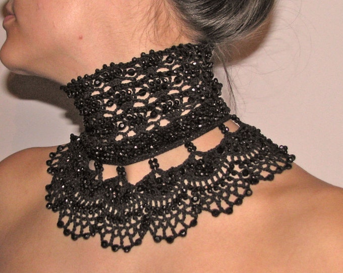 Crocheted High Collar Necklace Choker With BLACK Firepolished Etsy