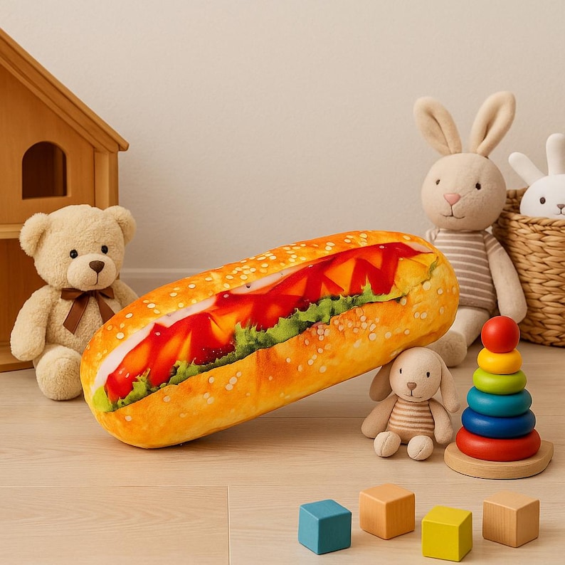 May include: A soft hot dog cushion with a sesame seed bun, ketchup, and lettuce. The cushion is surrounded by children's toys, including stuffed animals, wooden blocks, and a stacking ring toy.