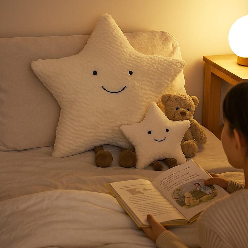 May include: Two white star-shaped plush pillows with smiling faces and a small brown teddy bear are on a bed. The larger star pillow has a textured surface. The scene is lit by a warm bedside lamp.