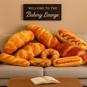 May include: A selection of bread-shaped cushions, including croissants, baguettes, and hot dogs, displayed on a grey sofa. A sign reading "Welcome to the Bakery Lounge" is above the cushions. An open book sits on a wooden table.