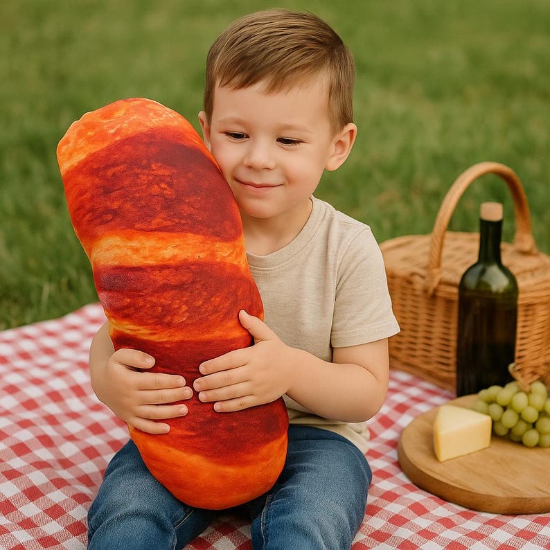 May include: A child embraces a large, plush bread-shaped pillow. The pillow features a realistic design with orange and brown hues, mimicking a loaf of bread. The child is seated on a red and white checked blanket.