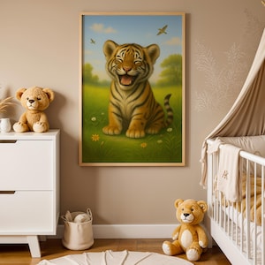Baby Tiger Nursery Printable Wall Art, Jungle Safari Animal Poster for Kids Room, Cute Tiger Cub Decor, Digital Wildlife Download