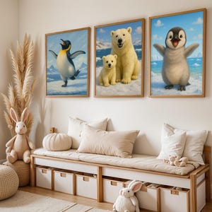 Set of 3 Polar Animals Nursery Prints | Baby Penguin, Polar Bear, Cute Penguin | Arctic Kids Room Wall Decor | Gender Neutral Art