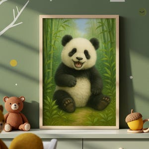 Cute Baby Panda Printable Wall Art, Jungle Animal Nursery Poster, Bamboo Forest Kids Room Decor, Digital Instant Download Artwork