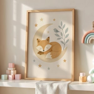 Skandinavischer Fuchs Poster, schlafender Fuchs auf dem Mond, Neutrale Wald Wandkunst, Baby Zimmer Dekor