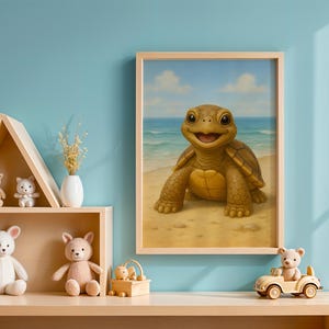 Cute Baby Turtle Printable Wall Art, Sea Turtle Nursery Decor, Ocean Animal Poster, Beach Theme Illustration for Kids Room
