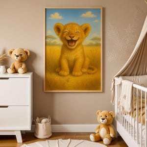 Baby Lion Cub Nursery Printable Wall Art, Jungle Safari Animal Poster for Kids Room, Cute Digital Decor, Instant Download Artwork