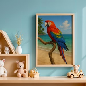 Arte de parede para impressão de papagaio colorido, decoração de berçário de pássaros tropicais, pôster de animal da selva para quarto infantil, impressão de arte para download instantâneo