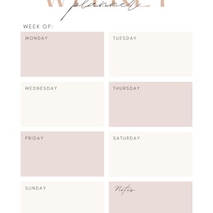 May include: A minimalist weekly planner with a white background and soft pink and beige accents. The word "WEEKLY planner" is at the top. Days of the week are listed with space for notes. The planner is designed for organization.