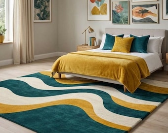 Modern Abstract Wave Area Rug, Teal Gold Cream Wavy Carpet, Luxury Contemporary Living Room Rug, Mid Century Modern Floor Decor, Handmade