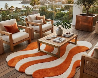 Hand-Tufted wool Area rug Modern Abstract Rug, Handmade Tufted Carpet, Orange Cream Wavy Area Rug, Retro Living Room Decor, Custom Size Rug