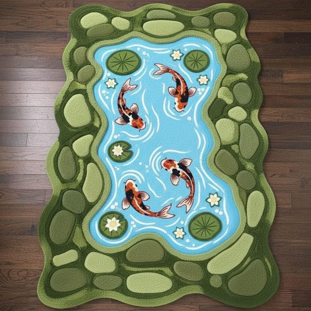 3D Koi Fish Pond Rug – Tufted Moss Green Area Carpet, Zen Garden Decor ...