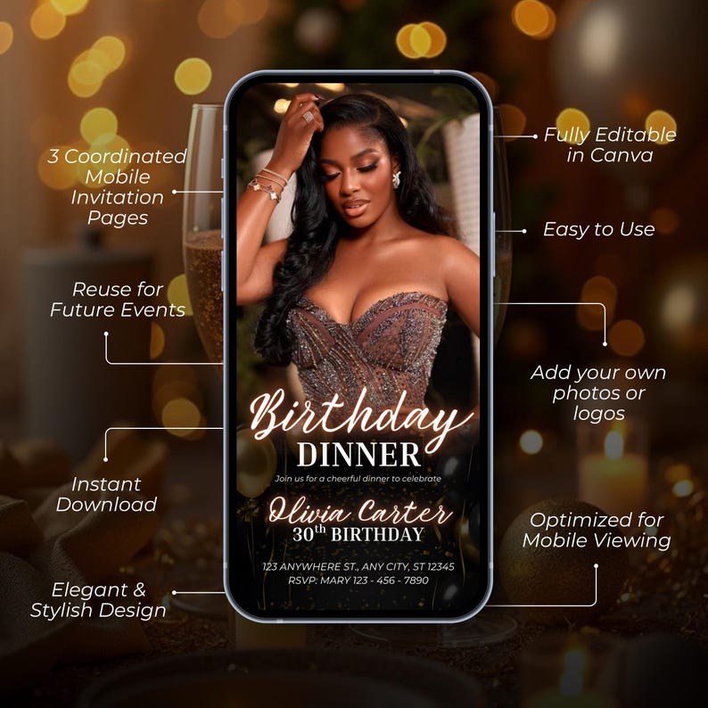 Digital Birthday Dinner invitation, Pink Birthday Dinner, Digital Birthday Party Invite, Editable Template, Text, Birthday Party, Text Evite