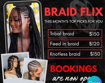 Braidflix Book Now Flyer, bearbeitbarer Haargeflecht-Flyer, Beauty-Business-Flyer, DIY-Canva-Flyer, Termine verfügbar-Flyer, Zöpfe-Deal-Flyer