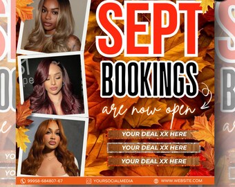 September Booking Flyer, Hair Stylist Books Open Flyer, Fall Salon Booking Post, Editable Canva Template, Autumn Beauty Promo Flyer
