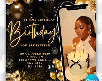 Luxury Black and Gold Birthday Invitation Template, Canva Editable (Digital Download)