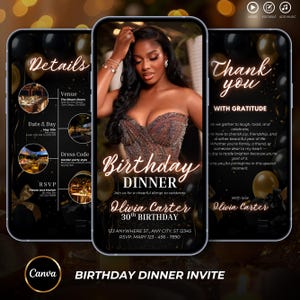 Puede incluir: Una invitación digital para una cena de cumpleaños, con una mujer con un vestido adornado. El diseño incluye detalles como el lugar, la fecha, el código de vestimenta y la información de RSVP. El texto dice "Cena de cumpleaños" y "Olivia Carter 30 cumpleaños."